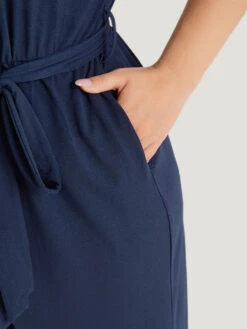 Solid Button Up V Neck Belted Gathered Flutter Sleeve Jumpsuit -Bloomchic Shop 486080731 ve