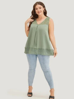 Plain Contrast Lace Pleated V Neck Tank Top 12 Plain Contrast Lace Pleated V Neck Tank Top -Bloomchic Shop 486335880 na