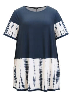 Tie Dye Patchwork Round Neck Pocket T-shirt -Bloomchic Shop 487076359 eh