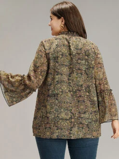 Bandana Print Mesh Frill Trim Blouse -Bloomchic Shop 487445383 gn