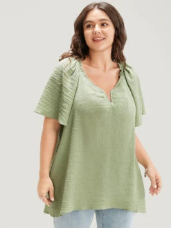 Plain Notched High Low Hem Ruffle Sleeve Frill Trim Blouse -Bloomchic Shop 487637043 yh