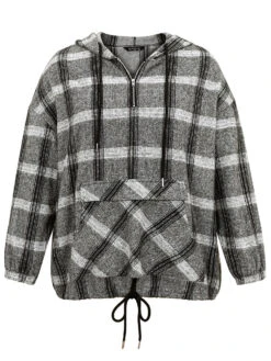 Plaid Half Zip Pocket Hooded Sweatshirt -Bloomchic Shop 488496776 pa
