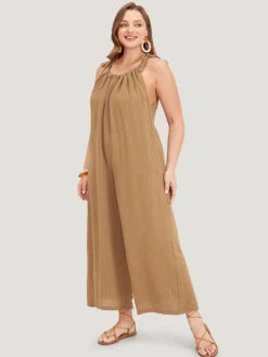 Plain Textured Pocket Halter Tie Overall Jumpsuit -Bloomchic Shop 488971964 he