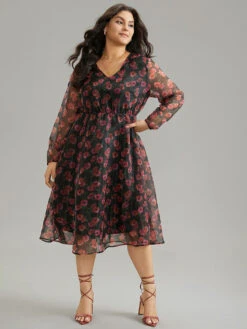 Floral Mesh Elastic Waist Lantern Sleeve Dress -Bloomchic Shop 49012537 ig