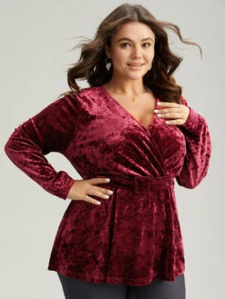 Velvet Overlap Collar Elastic Waist Buckle Detail Blouse -Bloomchic Shop 490748087 pb