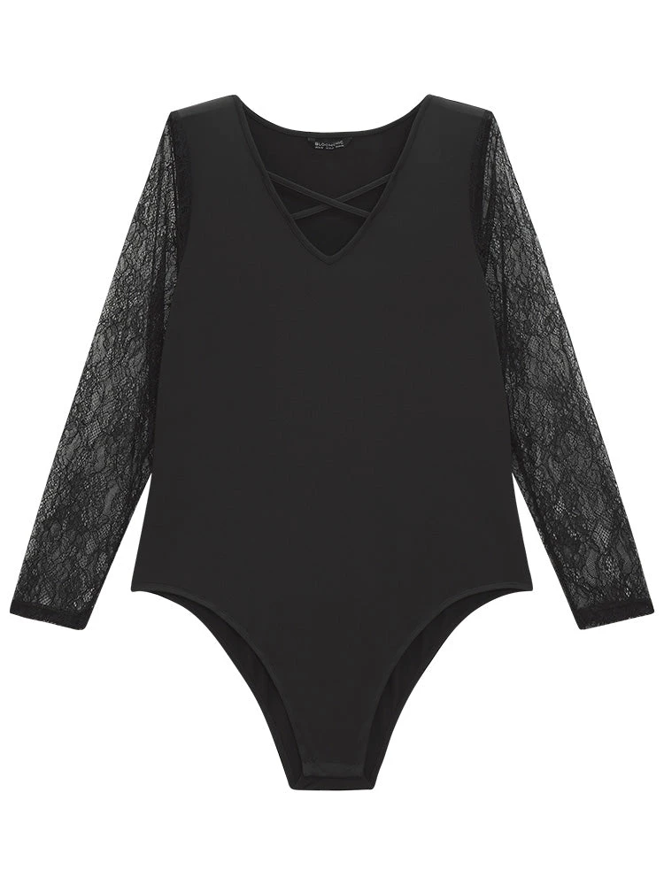 Plain Lace Mesh Patchwork Crisscross Bodysuit 10 Plain Lace Mesh Patchwork Crisscross Bodysuit - Image 8