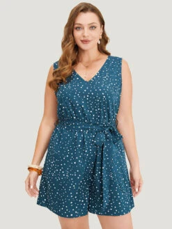 Polka Dot V Neck Pocket Sleeveless Belted Romper -Bloomchic Shop 491338989 xg