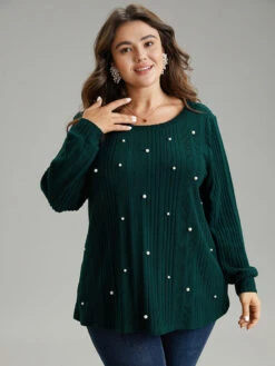 Plain Rib Knit Pearl Beaded Sweatshirt -Bloomchic Shop 492098252 ef