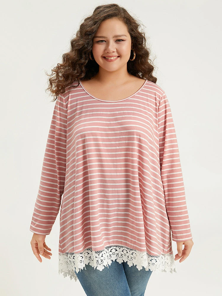 Striped Guipure Lace Crew Neck T-shirt 3 Striped Guipure Lace Crew Neck T-shirt