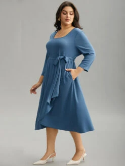 Plain Square Neck Arc Hem Belted Wrap Dress -Bloomchic Shop 4933364 ii