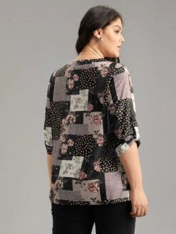 Floral Colorblock Contrast Tab Sleeve Blouse -Bloomchic Shop 494123119 lq