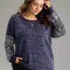 Boho Print Patchwork Heather Rib Knit Sweatshirt -Bloomchic Shop 494356617 nf