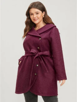 Solid Foldover Collar Pocket Asymmetrical Hem Belted Coat -Bloomchic Shop 494722177 eg