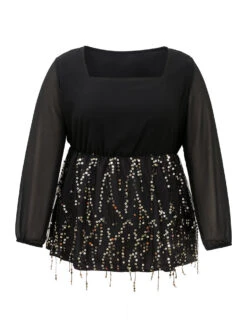 Sequin Mesh Patchwork Square Neck Blouse 15 Sequin Mesh Patchwork Square Neck Blouse -Bloomchic Shop 495457851 kb 03c766c0 a09e 4af6 bcb9 ded88568a30e