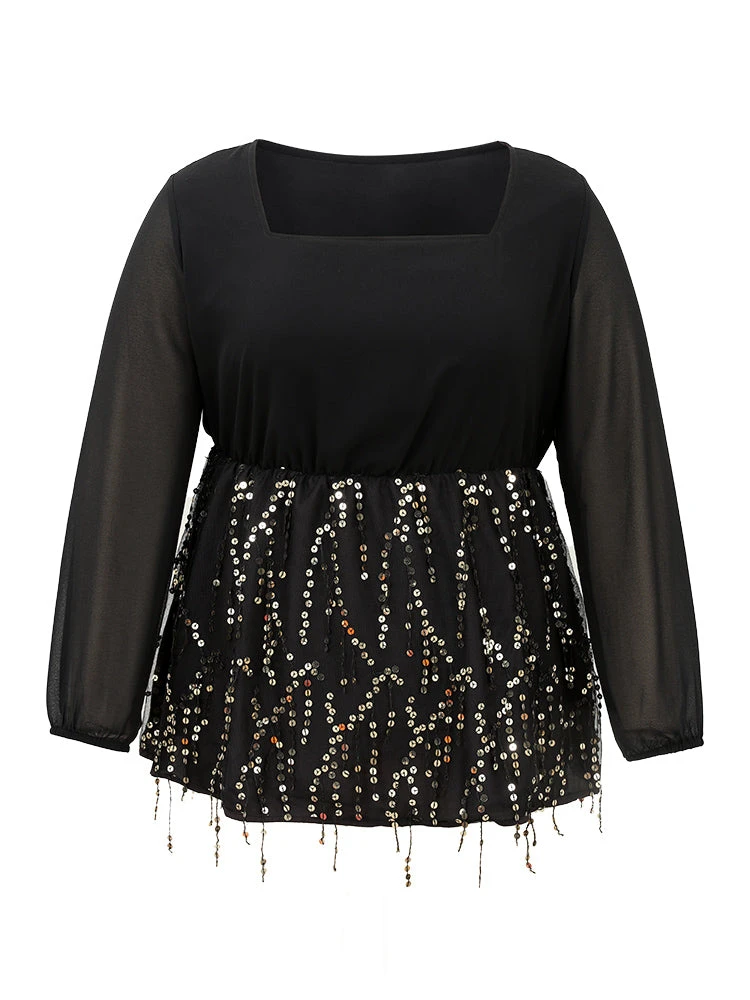 Sequin Mesh Patchwork Square Neck Blouse 9 Sequin Mesh Patchwork Square Neck Blouse - Image 7