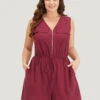 Plain V Neck Pocket Zipper Drawstring Sleeveless Jumpsuit -Bloomchic Shop 495816518 rj
