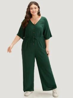 Plain Textured V Neck Pocket Button Through Drawstring Jumpsuit -Bloomchic Shop 496312776 xv