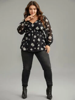 Silhouette Floral Print Gathered Shirred Blouse -Bloomchic Shop 497333264 ao