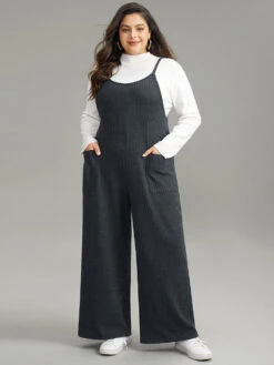 Plain Texture Pocket Adjustable Straps Jumpsuit