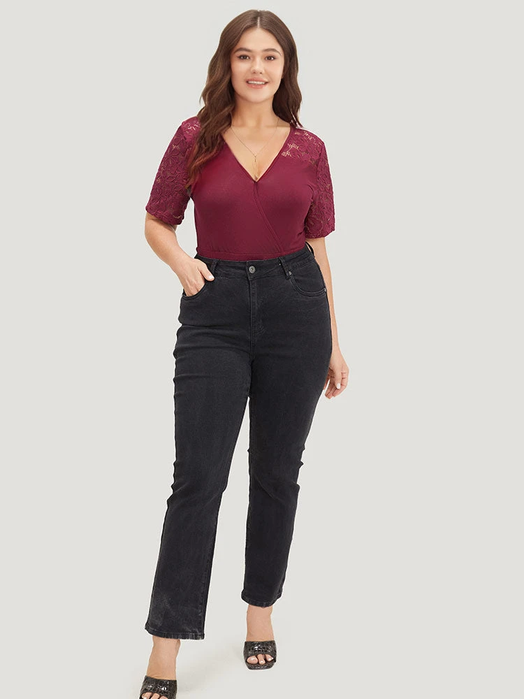 Plain Crochet Lace Mesh Surplice Neck Bodysuit 4 Plain Crochet Lace Mesh Surplice Neck Bodysuit - Image 2