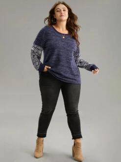 Boho Print Patchwork Heather Rib Knit Sweatshirt -Bloomchic Shop 500263019 sc