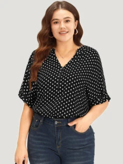 Polka Dot Zipper Notched Dolman Sleeve Blouse -Bloomchic Shop 501803002 km 63983082 9683 43d2 8dcc 9ab1a769fe6d