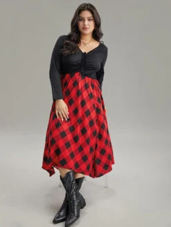 Plaid Ruched Drawstring Asymmetrical Hem Dress -Bloomchic Shop 502595240 aw