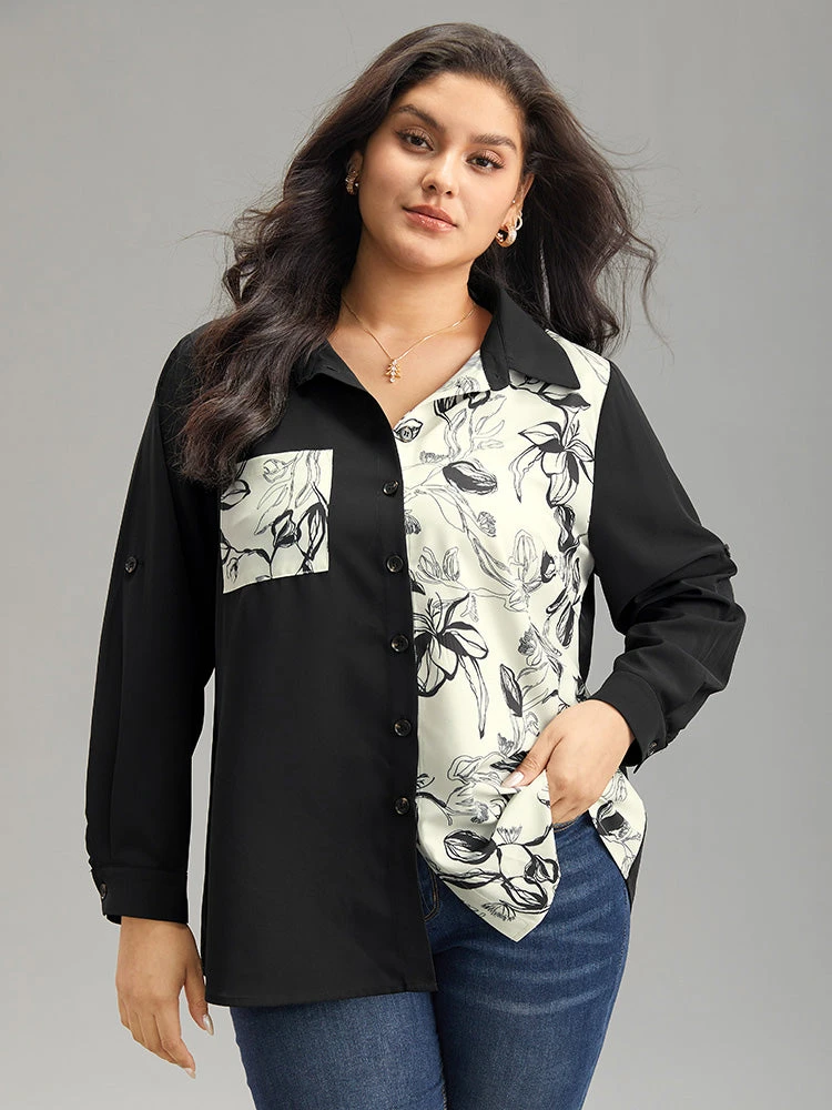 Silhouette Floral Print Twill Shirt Collar Contrast Blouse 7 Silhouette Floral Print Twill Shirt Collar Contrast Blouse - Image 5