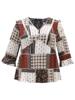 Moroccan Print Lace Panel Ruffles Frill Trim Blouse -Bloomchic Shop 503135559 di