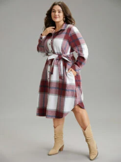 Plaid Shirt Collar Button Through Belted Dress -Bloomchic Shop 503842015 cz