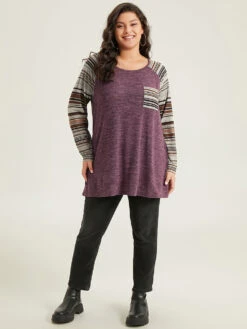 Striped Patchwork Pocket Raglan Sleeve T-shirt -Bloomchic Shop 504551957 fk