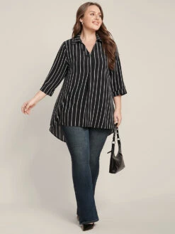 Striped Contrast V Neck Asymmetrical Hem Blouse -Bloomchic Shop 504841404 fh