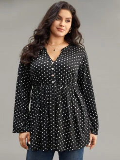 Polka Dot Button Detail Notched T-shirt -Bloomchic Shop 505203915 ia