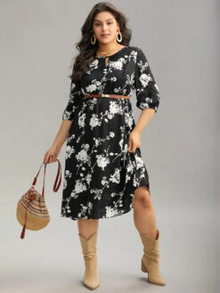 Silhouette Floral Print Texture Keyhole Lantern Sleeve Dress -Bloomchic Shop 505692265 qn