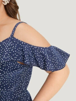 Polka Dot Ruffle Trim Tie Neck Cut Out Elastic Waist Jumpsuit -Bloomchic Shop 506364713 hj