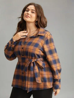 Plaid Elastic Waist Shirt Collar Blouse -Bloomchic Shop 506662192 py