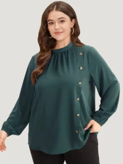 Anti-Wrinkle Asymmetrical Button Gathered Blouse -Bloomchic Shop 506707176 zr 40d662b6 bf64 4494 99a8 249f89149f67