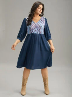 Boho Print Striped Patchwork Lantern Sleeve Dress