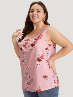 Floral Button Detail Round Neck Tank Top -Bloomchic Shop 50792793 cw