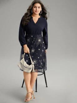 Star Glitter Mesh Patchwork Notched Dress -Bloomchic Shop 5079306 ui