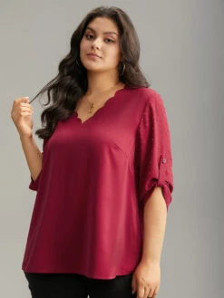 Plain V Neck Tab Sleeve Scalloped Trim Blouse -Bloomchic Shop 508253619 ja