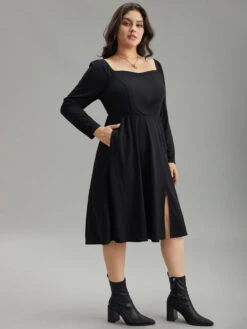 Rib Knit Split Side Square Neck Dress -Bloomchic Shop 50847439 pp