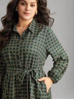 Geometric Belted Curved Hem Lantern Sleeve Dress -Bloomchic Shop 508761059 ce