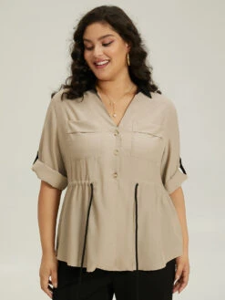 Contrast Drawstring Roll Tab Sleeve Patched Pocket Blouse -Bloomchic Shop 509227931 sr f94e72bc 8fdf 405e b726 7378dcf0be87