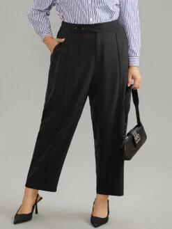 Plain Elastic Waist Pleated Button Detail Pants