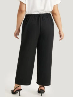 Plain Pocket Elastic Waist High Rise Pants -Bloomchic Shop 510601980 mk
