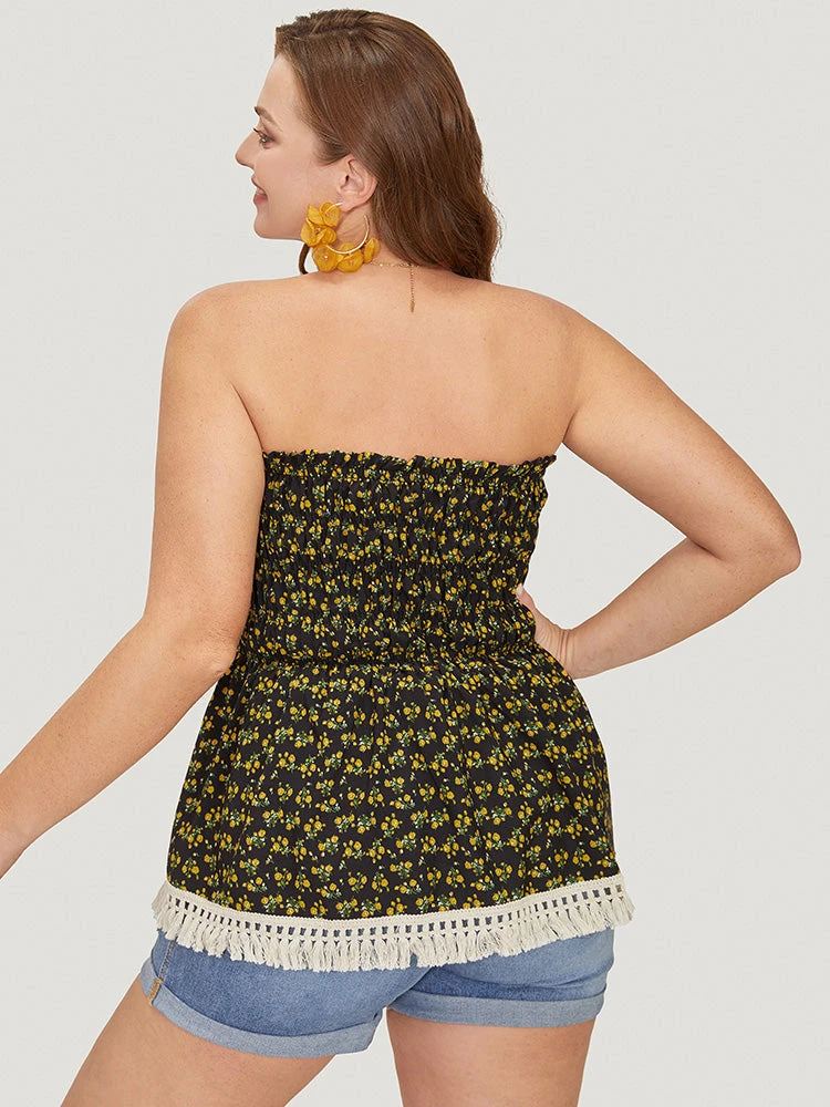 Ditsy Floral Frill Trim Tassels Hem Shirred Off Shoulder Blouse 16 Ditsy Floral Frill Trim Tassels Hem Shirred Off Shoulder Blouse - Image 14