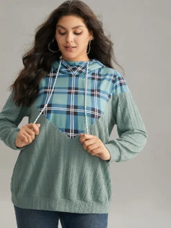 Plaid Patchwork Contrast Texture Hooded Sweatshirt -Bloomchic Shop 511704130 zb