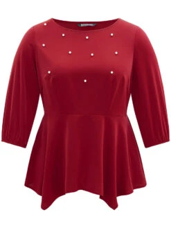 Plain Pearl Beaded Gathered Hanky Hem Blouse 15 Plain Pearl Beaded Gathered Hanky Hem Blouse -Bloomchic Shop 512588777 uj