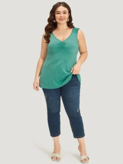 Plain V Neck Ruched Shirred Tank Top -Bloomchic Shop 512633327 yd